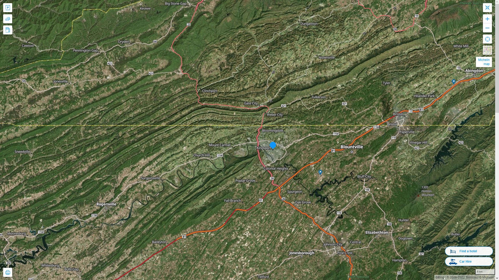 Kingsport Tennessee Highway and Road Map with Satellite View